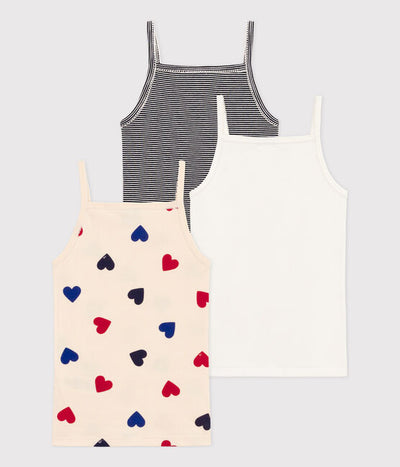 GIRLS' TRI-HEART PATTERNED COTTON STRAPPY VEST TOPS - 3-PACK