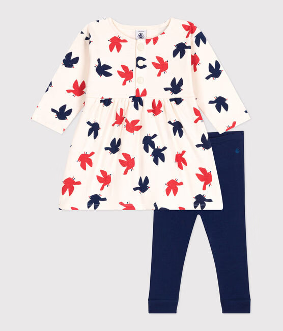 BABIES' LONG SLEEVES BIRD PRINT COTTON DRESS AND LEGGINGS
