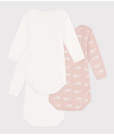 BABIES' LONG-SLEEVED PINK COTTON WHALE THEMED BODYSUITS - 2-PACK