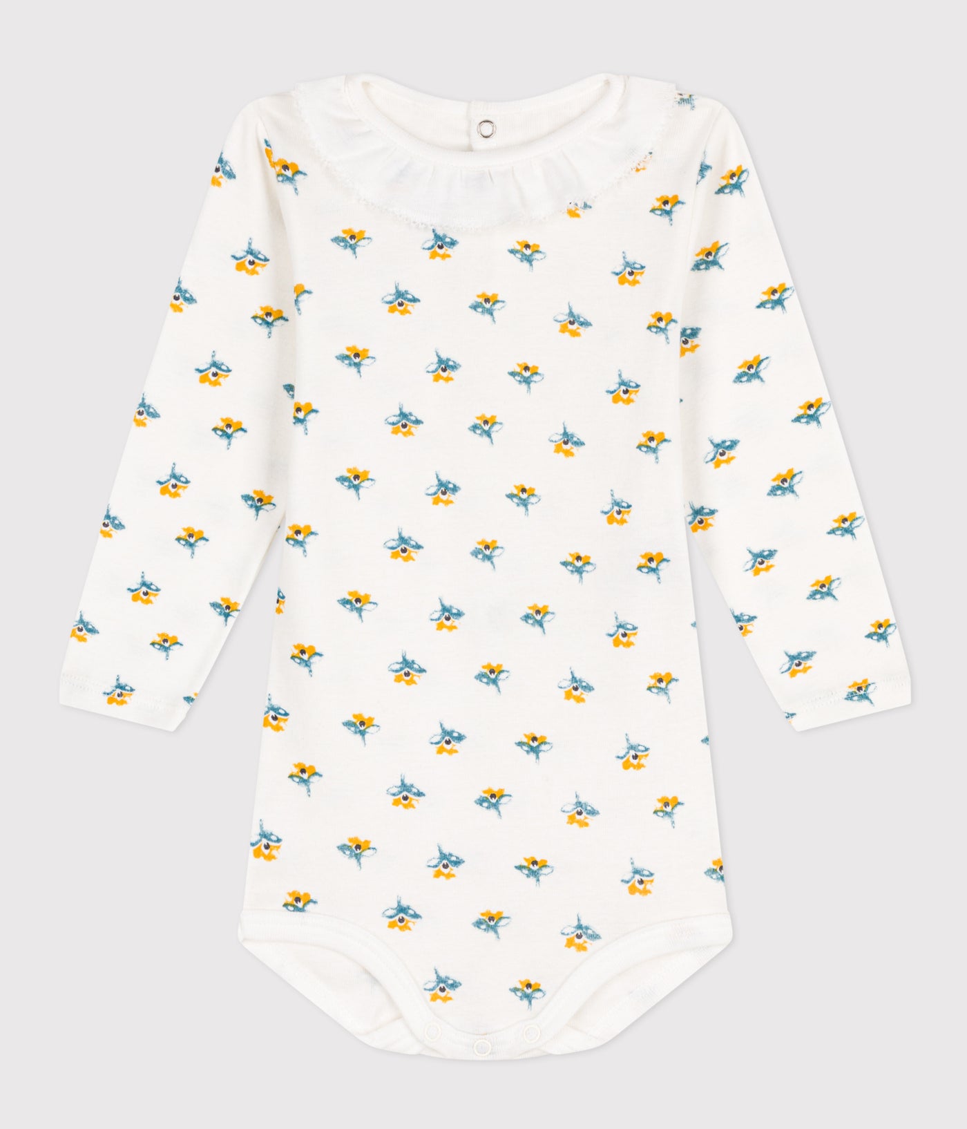BABIES' LONG-SLEEVED PATTERNED COTTON BODYSUIT WITH RUFF COLLAR