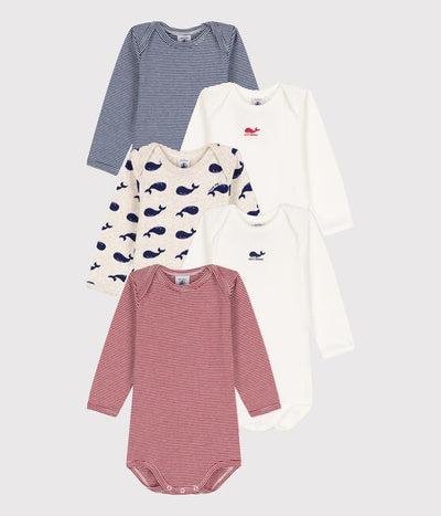 BABIES' LONG-SLEEVED COTTON WHALE THEMED BODYSUITS - 5-PACK