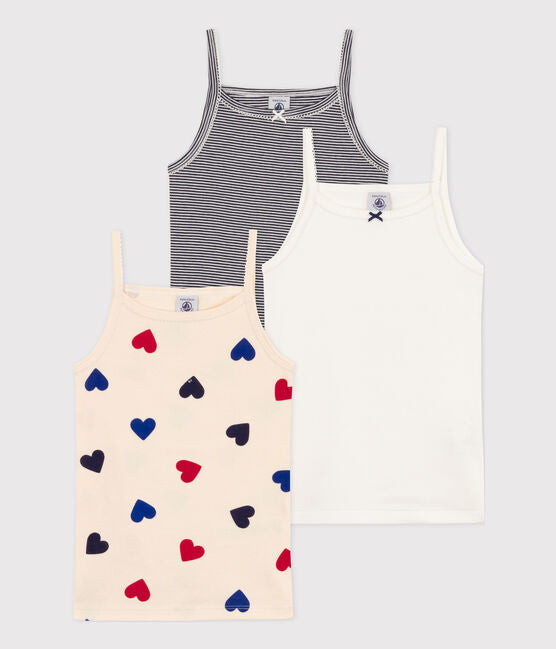 GIRLS' TRI-HEART PATTERNED COTTON STRAPPY VEST TOPS - 3-PACK