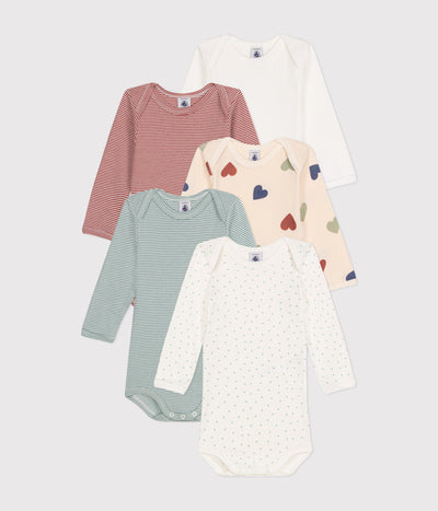 BABIES' 3-HEART PATTERNED LONG-SLEEVED COTTON BODYSUITS - 5-PACK