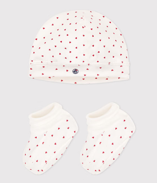 NEWBORN BABY UNISEX ORGANIC COTTON BONNET & BOOTIES SET HEART PRINT