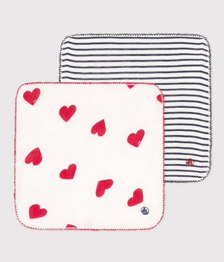 NEWBORN BABY UNISEX ORGANIC COTTON GAUZE 25X25CM HANKIES IN ICONIC STRIPES & HEART PRINT -