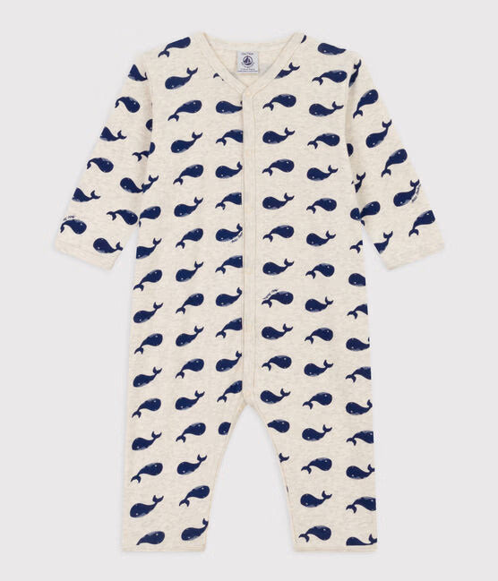 NAVY WHALE PATTERNED FOOTLESS COTTON PYJAMAS