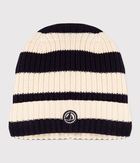 CHILDREN'S BRETON STRIPE KNITTED BEANIE HAT LINED IN POLAR FLEECE