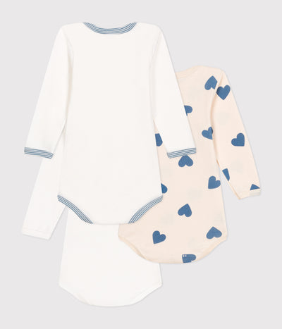 BABIES' LONG-SLEEVED BLUE HEART-PATTERNED COTTON BODYSUITS - 3-PACK