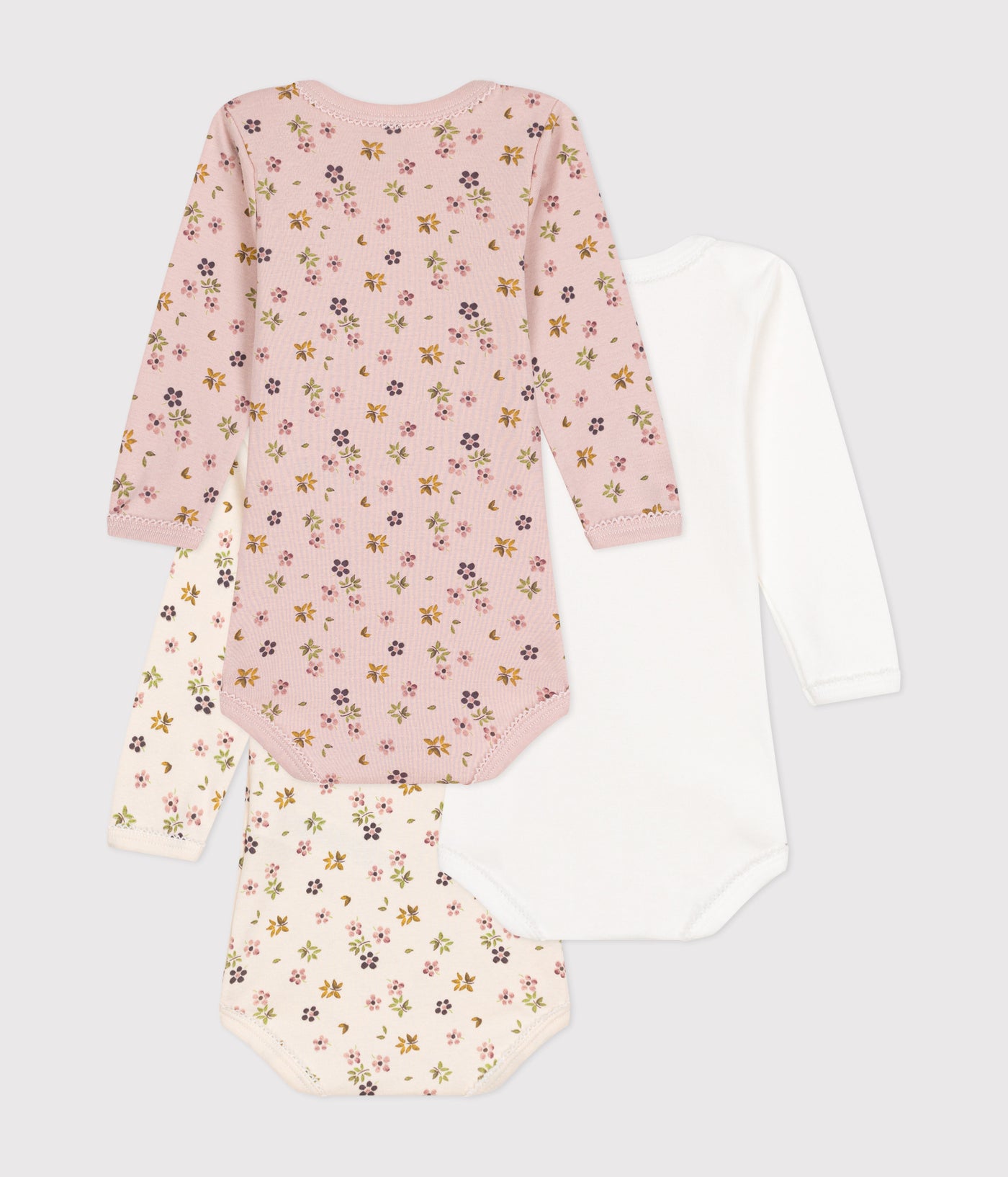 BABIES' LONG-SLEEVED FLORAL COTTON BODYSUITS - 3-PACK