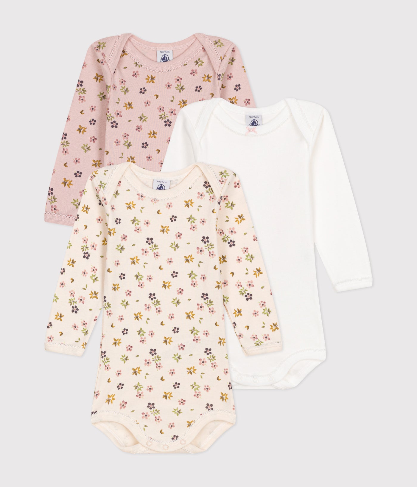 BABIES' LONG-SLEEVED FLORAL COTTON BODYSUITS - 3-PACK