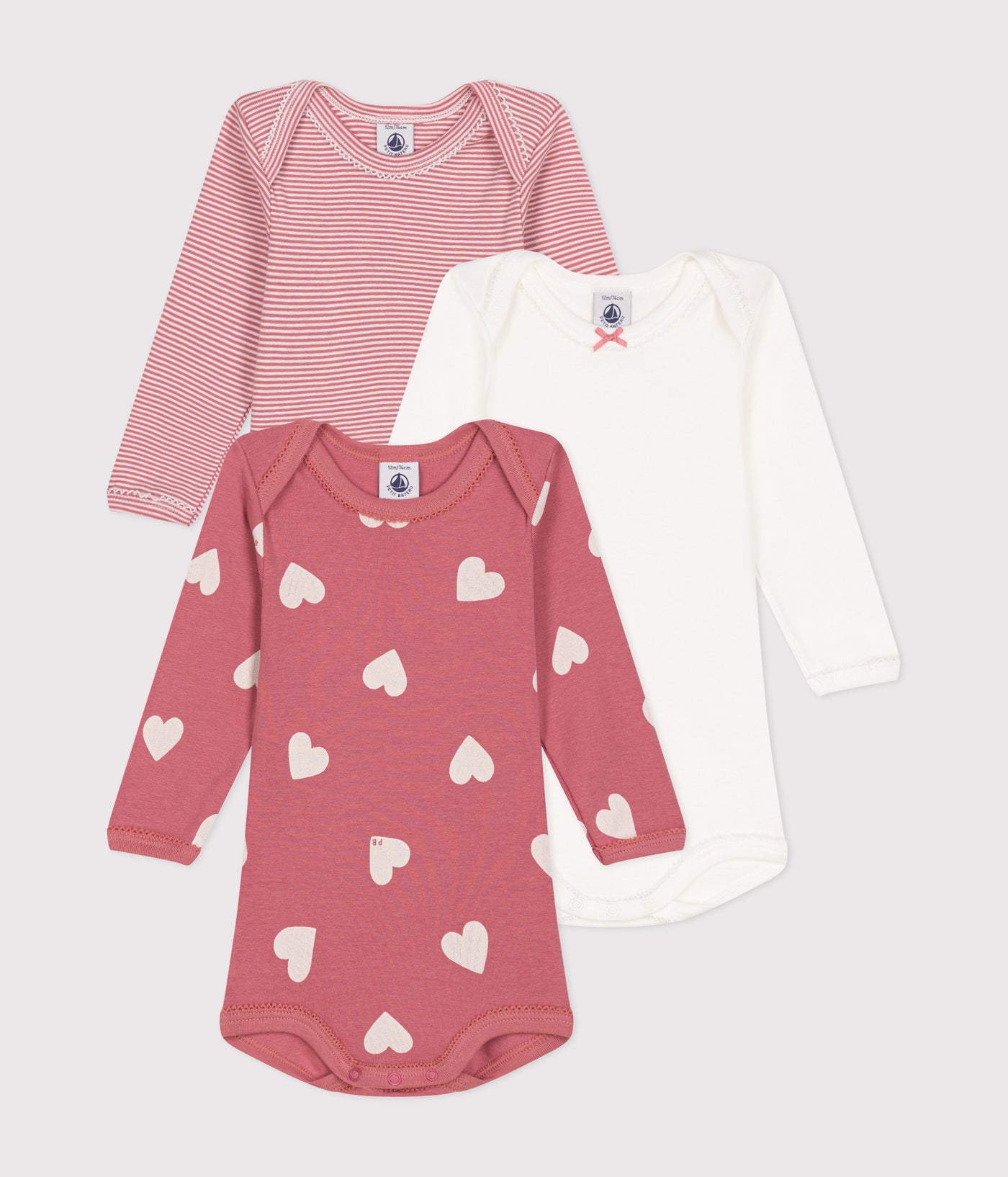 BABIES' LONG-SLEEVED HEART PATTERN COTTON BODYSUITS - 3-PACK