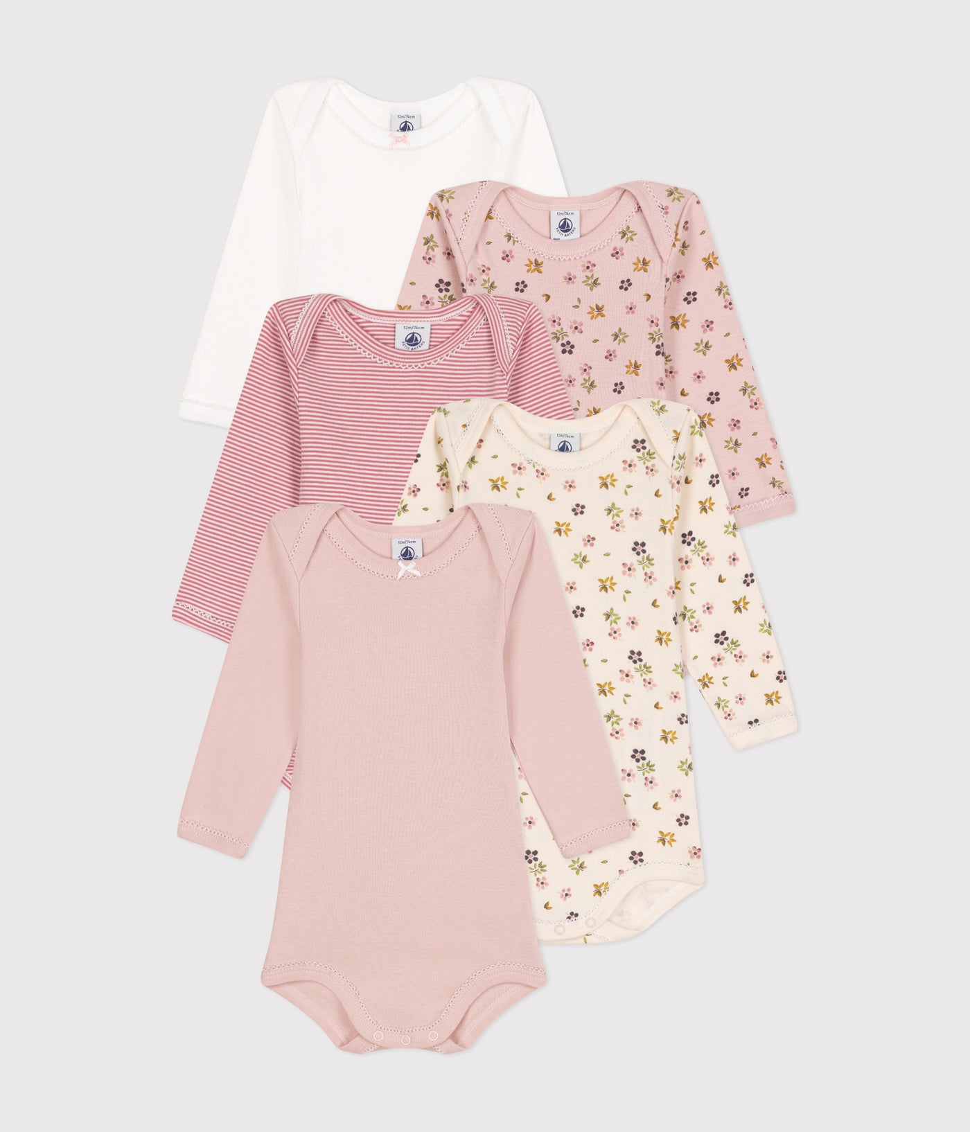 BABIES' LONG-SLEEVED FLORAL COTTON BODYSUITS - 5-PACK