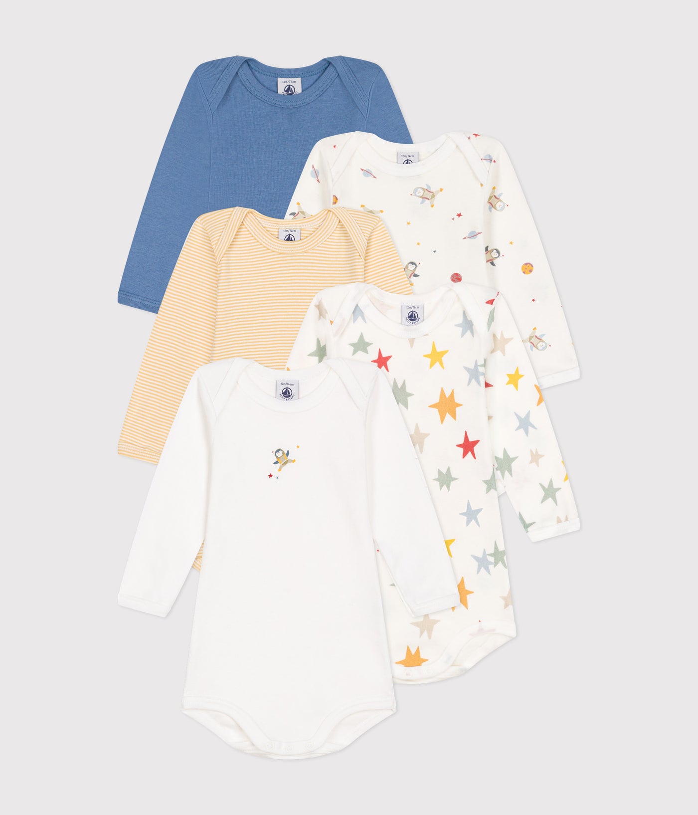 BABIES' LONG-SLEEVED SPACE-PRINT COTTON BODYSUITS - 5-PACK