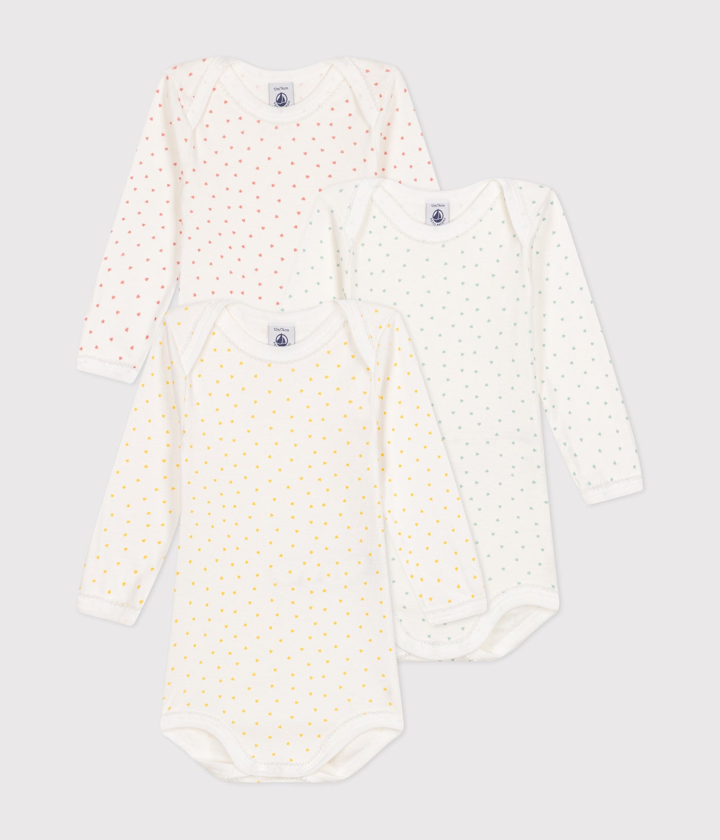 BABIES' HEART PATTERNED LONG-SLEEVED COTTON BODYSUITS - 3-PACK