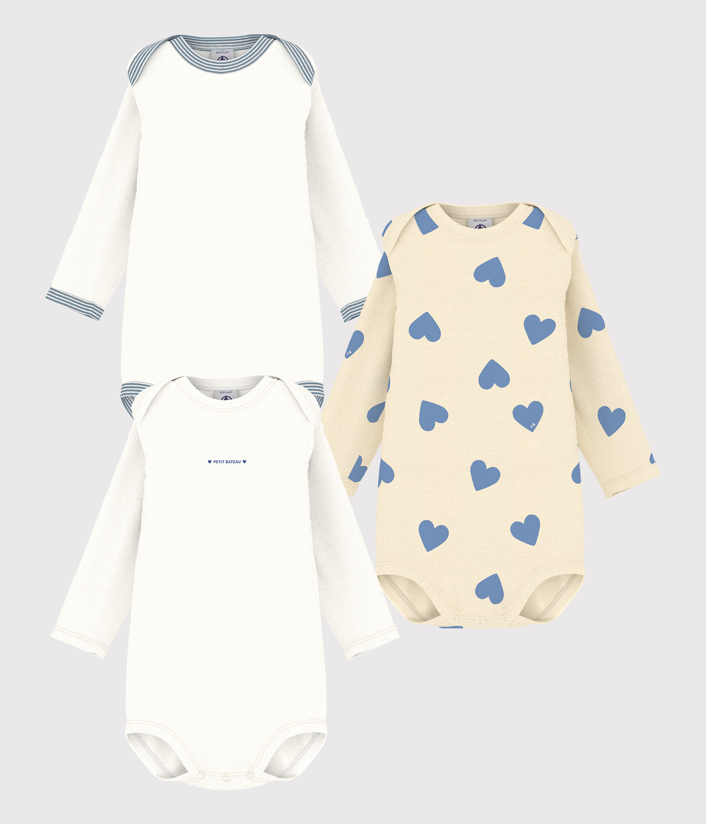 BABIES' LONG-SLEEVED BLUE HEART-PATTERNED COTTON BODYSUITS - 3-PACK