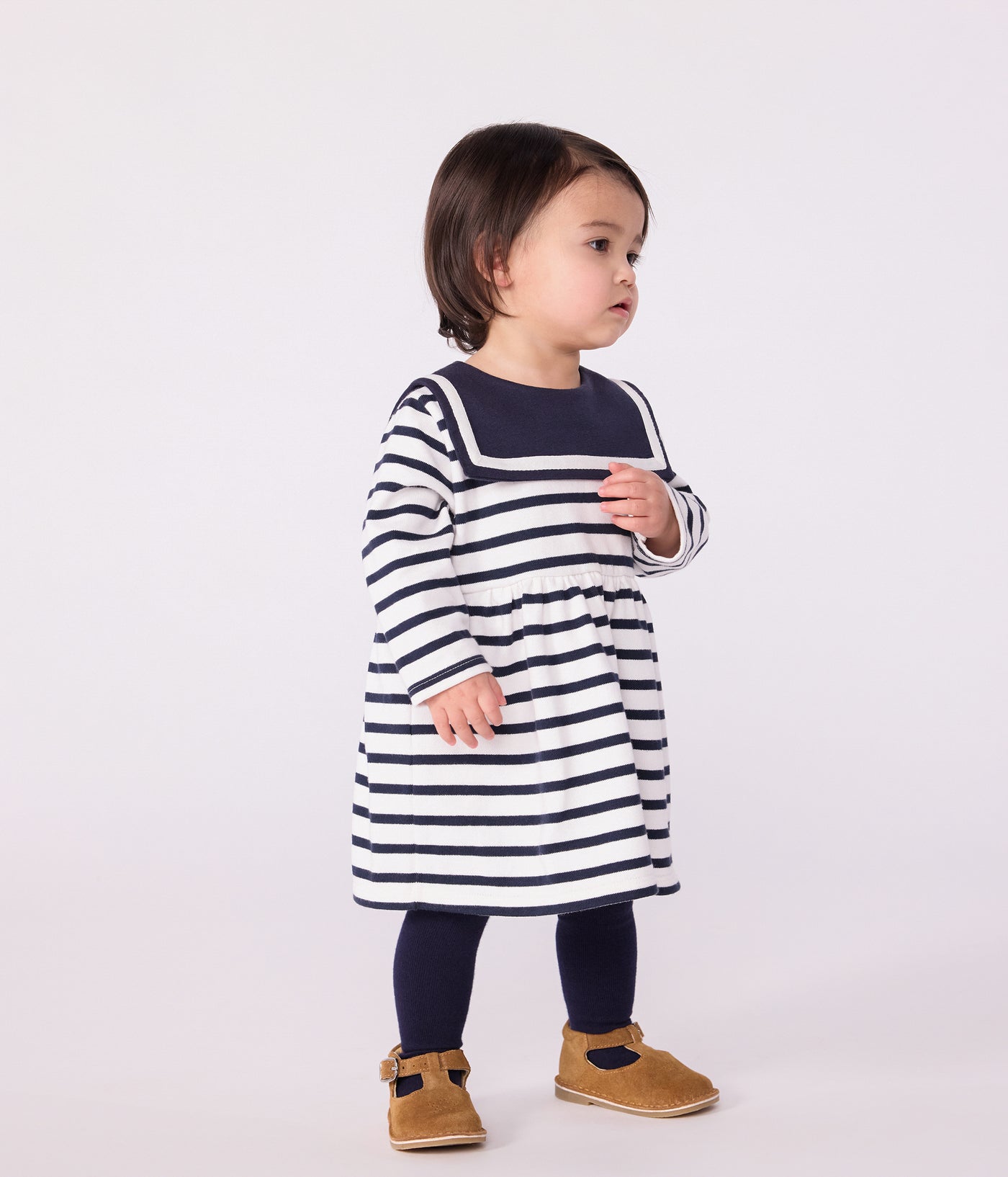 BABIES' BRETON STRIPE DRESS IN THICK COTTON WITH LONG SLEEVES