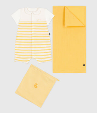 BABY UNISEX ORGANIC COTTON ROMPERS, MUSLIN CLOTH AND POUCH 3-PC SET