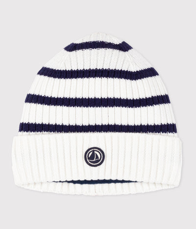 CHILDREN'S STRIPY KNITTED BEANIE HAT LINED IN POLAR FLEECE