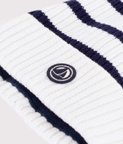 CHILDREN'S STRIPY KNITTED BEANIE HAT LINED IN POLAR FLEECE