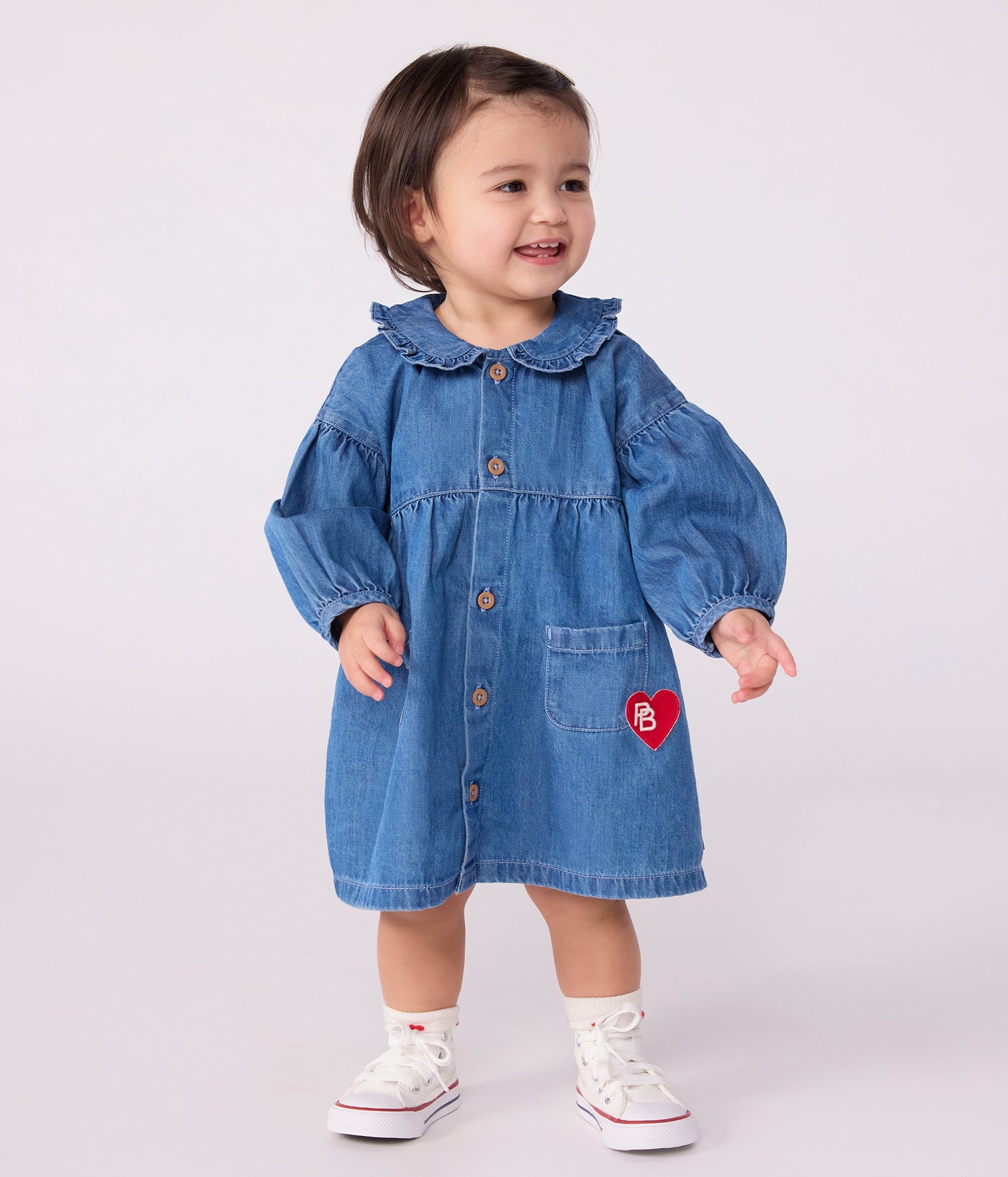 BABIES' LONG-SLEEVED DENIM DRESS WITH A COLLAR