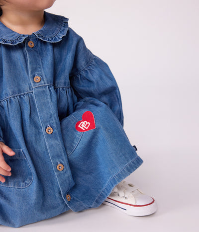 BABIES' LONG-SLEEVED DENIM DRESS WITH A COLLAR