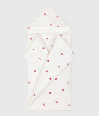 NEWBORN BABY UNISEX COTTON TERRY BATH CAPE WITH EMBROIDERED HEARTS