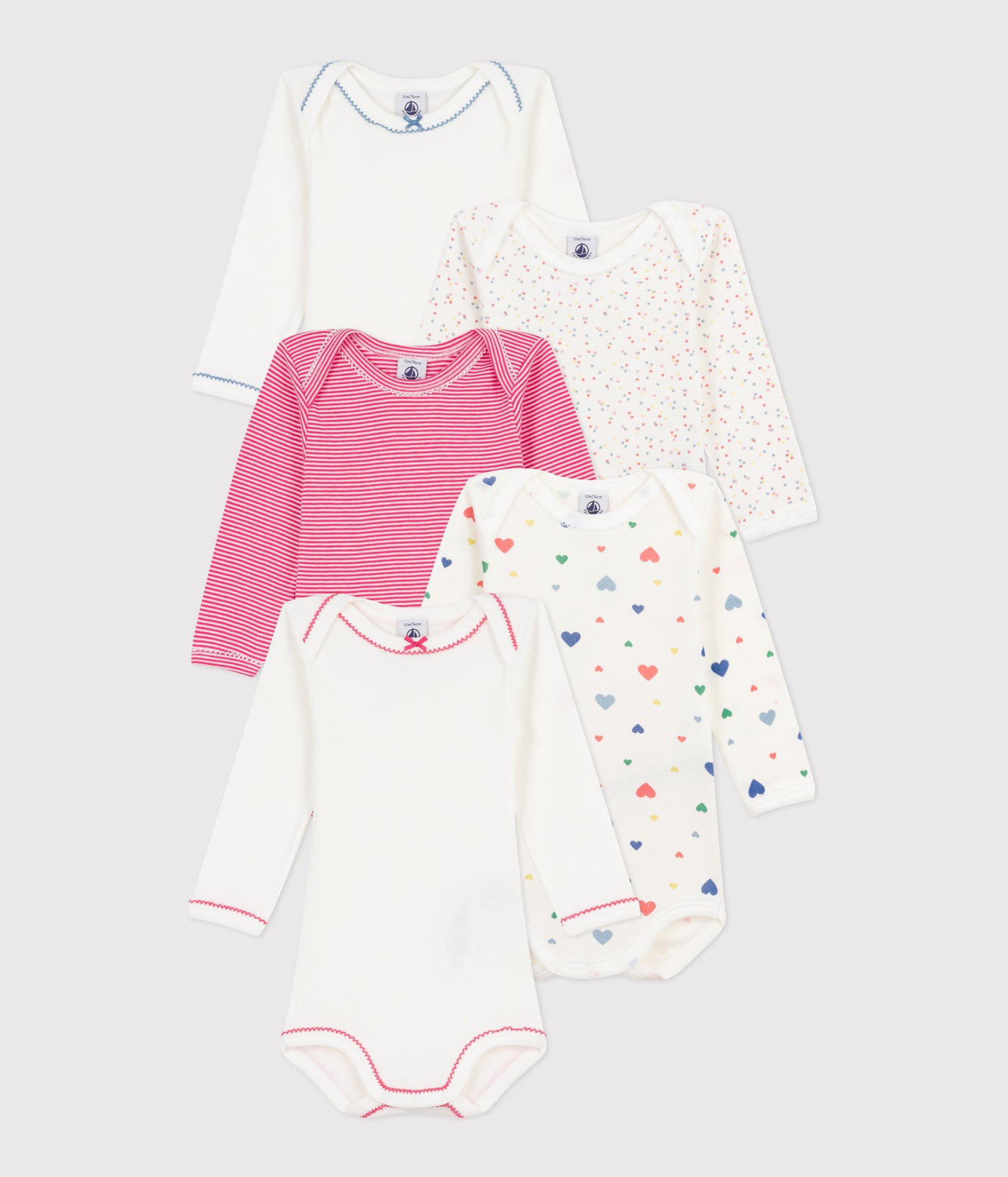 PACK OF LONG-SLEEVED HEART-PRINT COTTON BODIES FOR BABIES