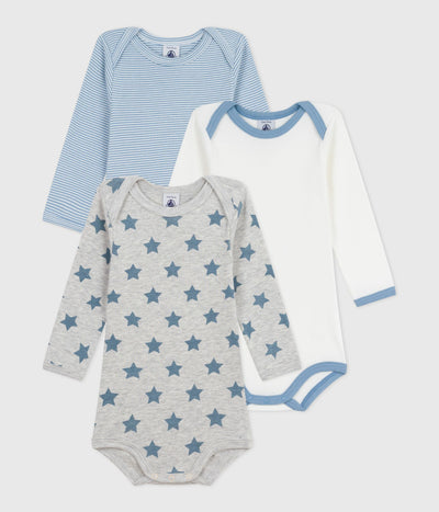 PACK OF BABIES' LONG-SLEEVED STAR-PRINT COTTON BODIES