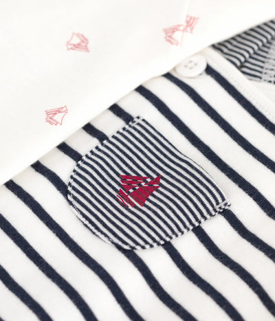 BABIES' OUTFIT WITH BRETON STRIPED DUNGAREES AND A PRINTED BODY