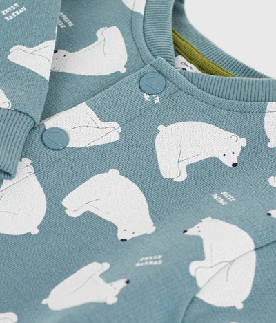 BABIES' WHITE BEAR-PRINT COTTON LONG JUMPSUIT