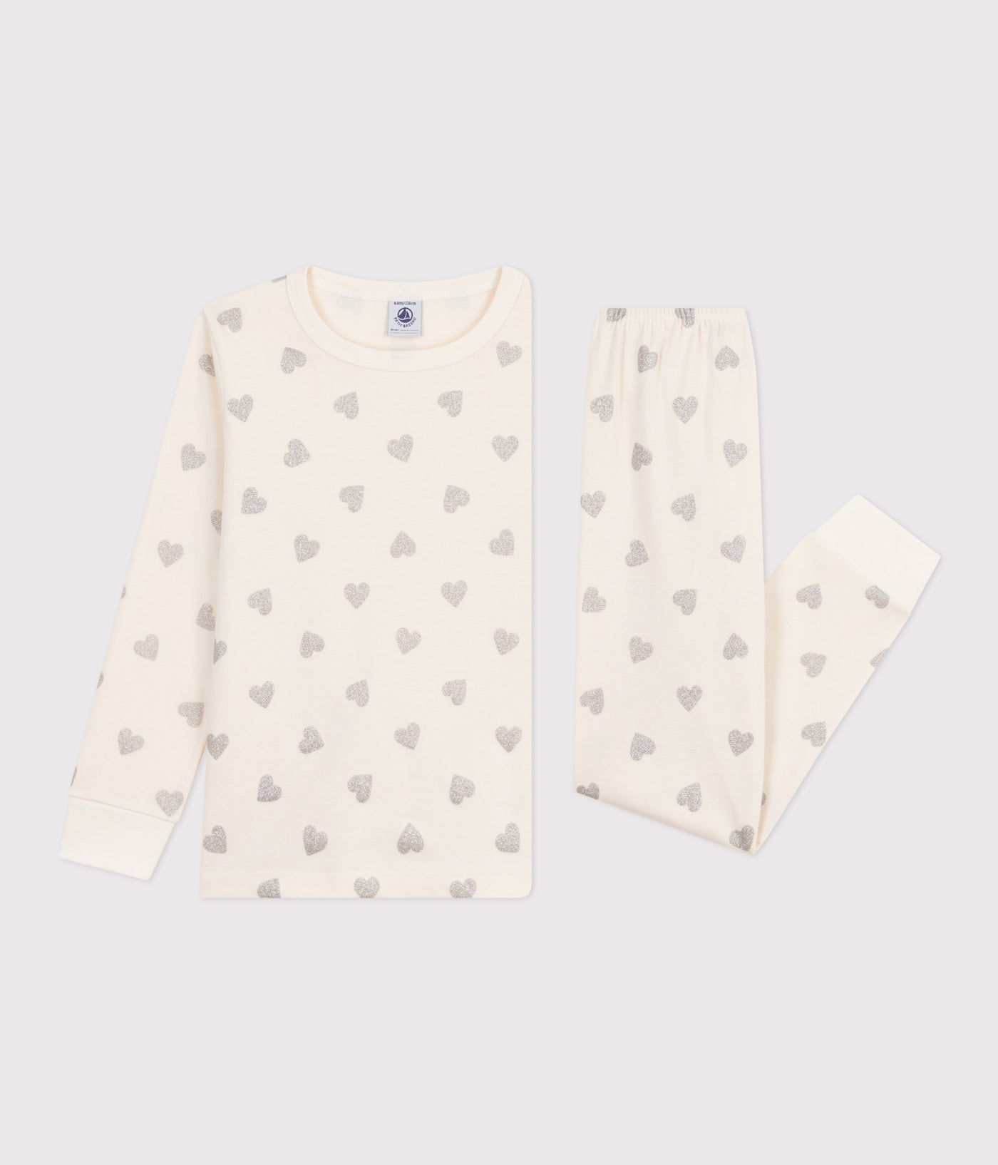 CHILDREN'S SILVERY HEART PRINT COTTON PYJAMAS