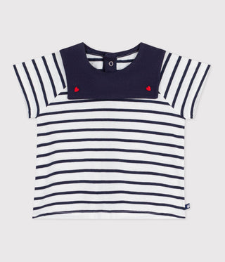 BABY GIRL'S COTTON BLOUSE IN BRETON STRIPES WITH EMBROIDERED COLLAR