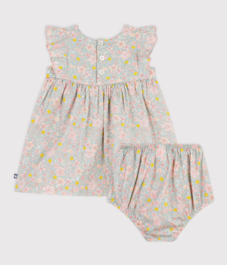 BABY GIRL'S SHORT-SLEEVED COTTON DRESS AND MATCHING BLOOMERS PRINTED WITH HEARTS