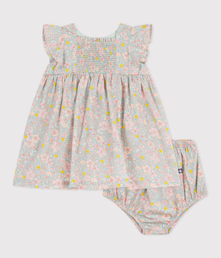 BABY GIRL'S SHORT-SLEEVED COTTON DRESS AND MATCHING BLOOMERS PRINTED WITH HEARTS