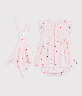 NEWBORN BABY GIRL'S COTTON DRESS AND TOY 2-PC GIFT SET