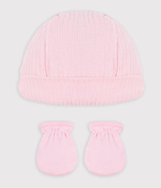 NEWBORN BABY GIRLS ORGANIC COTTON BEANIE AND MITTENS SET