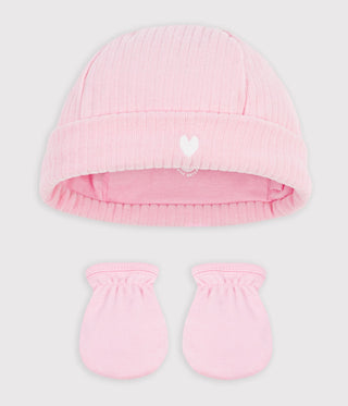 NEWBORN BABY GIRLS ORGANIC COTTON BEANIE AND MITTENS SET