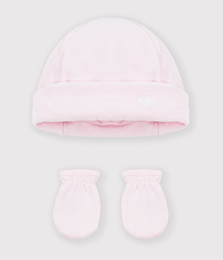 BABY GIRL'S ORGANIC COTTON BEANIE AND MITTENS SET