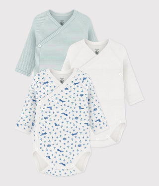 BABY UNISEX LONG-SLEEVED PRINTED ORGANIC COTTON WRAPOVER BODIES - 3-PACK