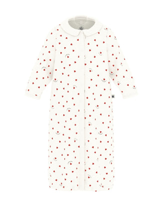 BABY UNISEX ORGANIC COTTON JUMPSUIT/SLEEPING BAG WITH A COLLAR AND PRINTED WITH LITTLE HEARTS
