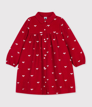 GIRL'S ORGANIC COTTON CORDUROY DRESS WITH LONG SLEEVES AND PRINTED WITH BOWS