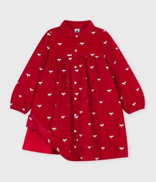 GIRL'S ORGANIC COTTON CORDUROY DRESS WITH LONG SLEEVES AND PRINTED WITH BOWS