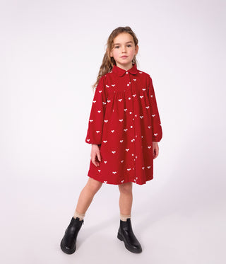 GIRL'S ORGANIC COTTON CORDUROY DRESS WITH LONG SLEEVES AND PRINTED WITH BOWS