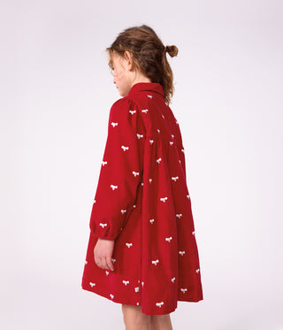 GIRL'S ORGANIC COTTON CORDUROY DRESS WITH LONG SLEEVES AND PRINTED WITH BOWS