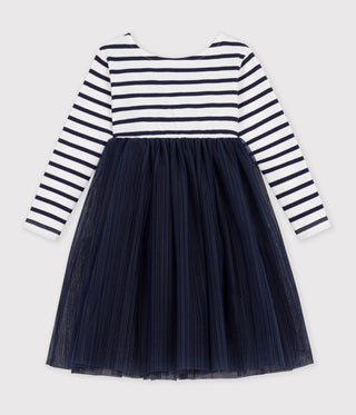 GIRL'S LONG-SLEEVED STRIPY COTTON AND TULLE DRESS