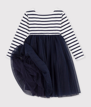 GIRL'S LONG-SLEEVED STRIPY COTTON AND TULLE DRESS