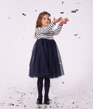 GIRL'S LONG-SLEEVED STRIPY COTTON AND TULLE DRESS