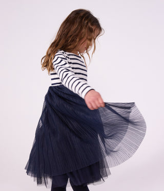 GIRL'S LONG-SLEEVED STRIPY COTTON AND TULLE DRESS