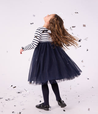 GIRL'S LONG-SLEEVED STRIPY COTTON AND TULLE DRESS