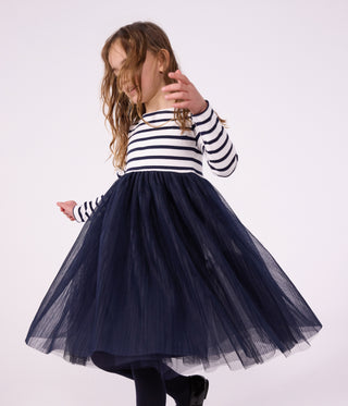 GIRL'S LONG-SLEEVED STRIPY COTTON AND TULLE DRESS